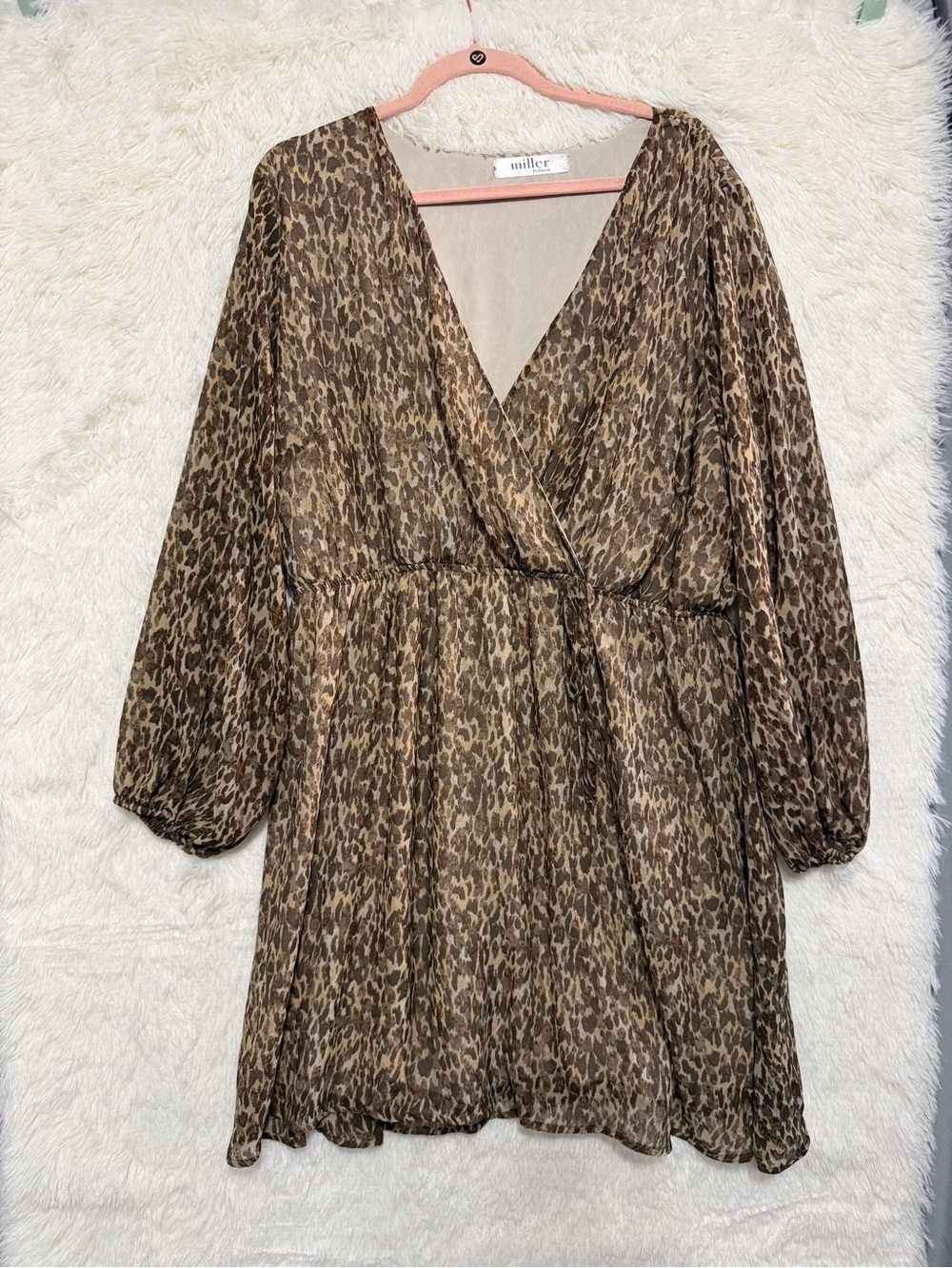Miller Womens Leopard Print Mini Dress Size 2X Brown Lined Sheer Sleeves V-neck